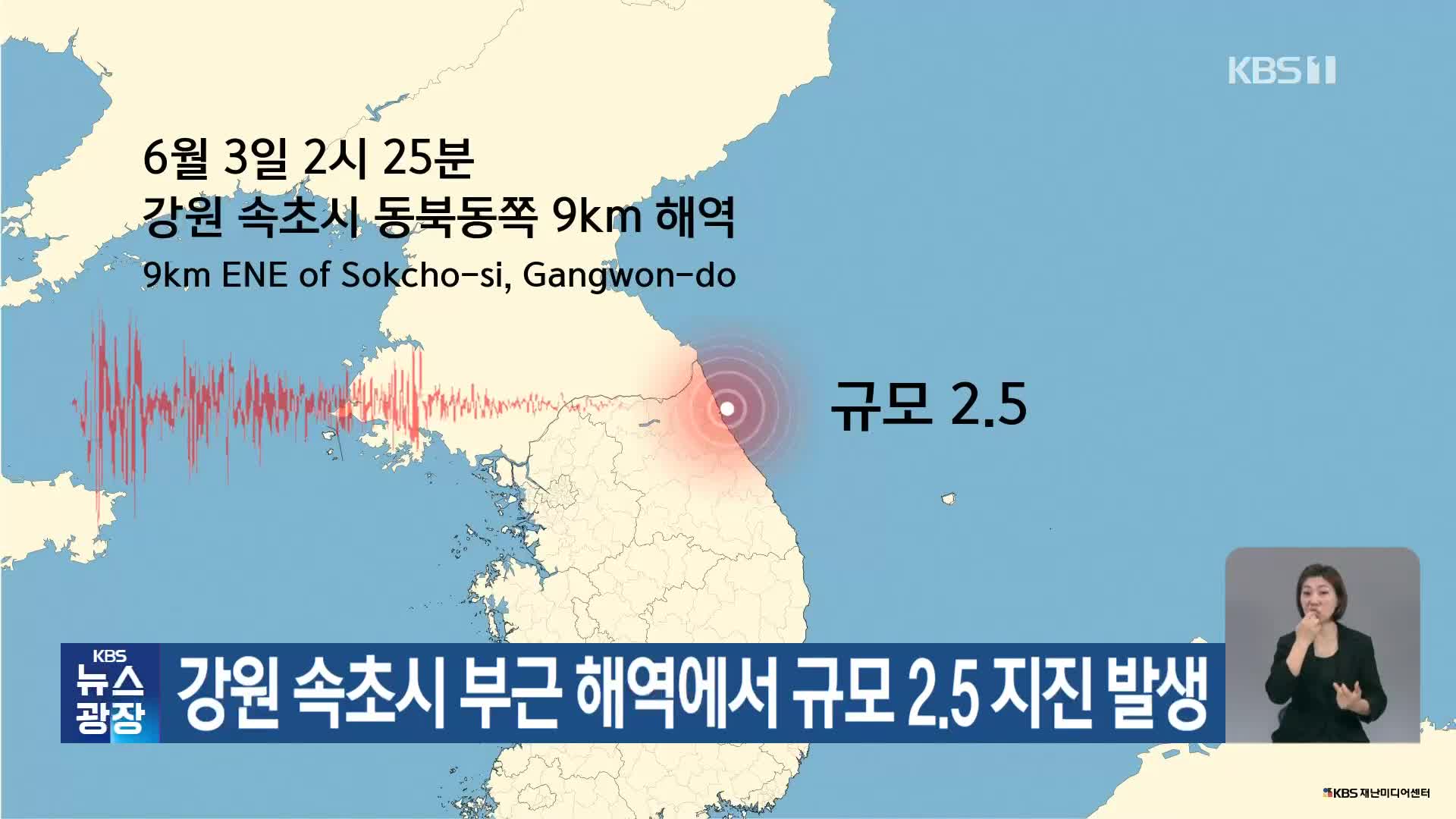 강원 속초시 부근 해역에서 규모 2.5 지진 발생