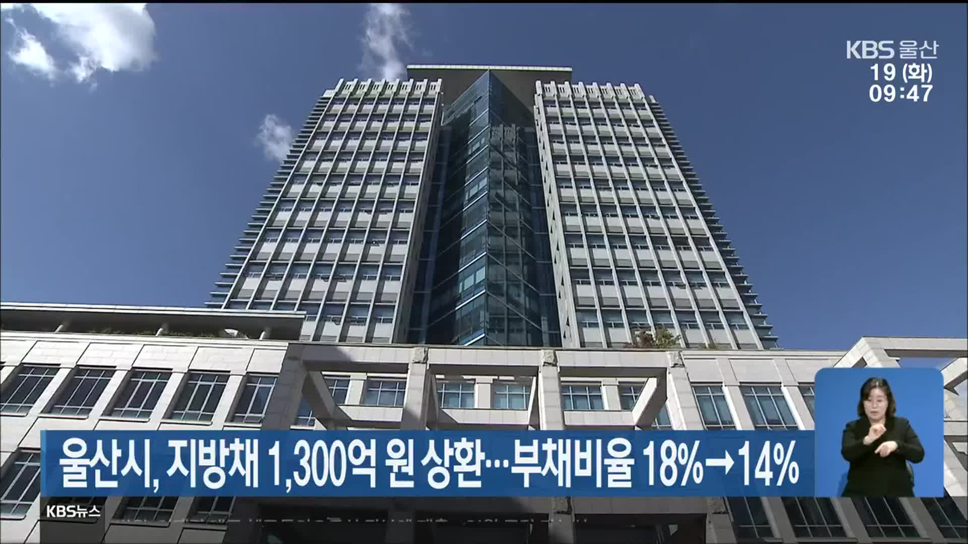 울산시, 지방채 1,300억 원 상환…부채비율 18%→14%