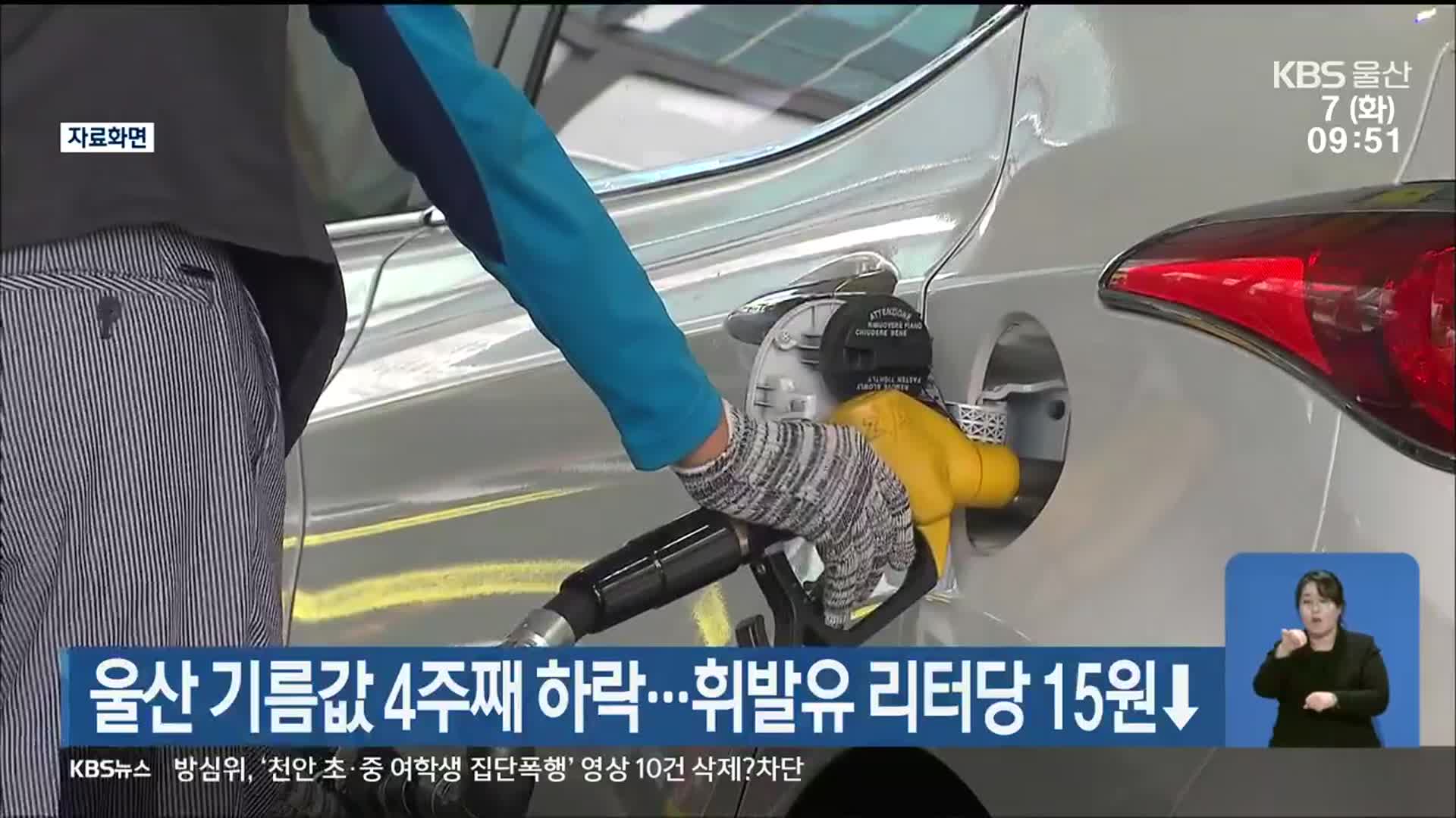 울산 기름값 4주째 하락…휘발유 리터당 15원↓