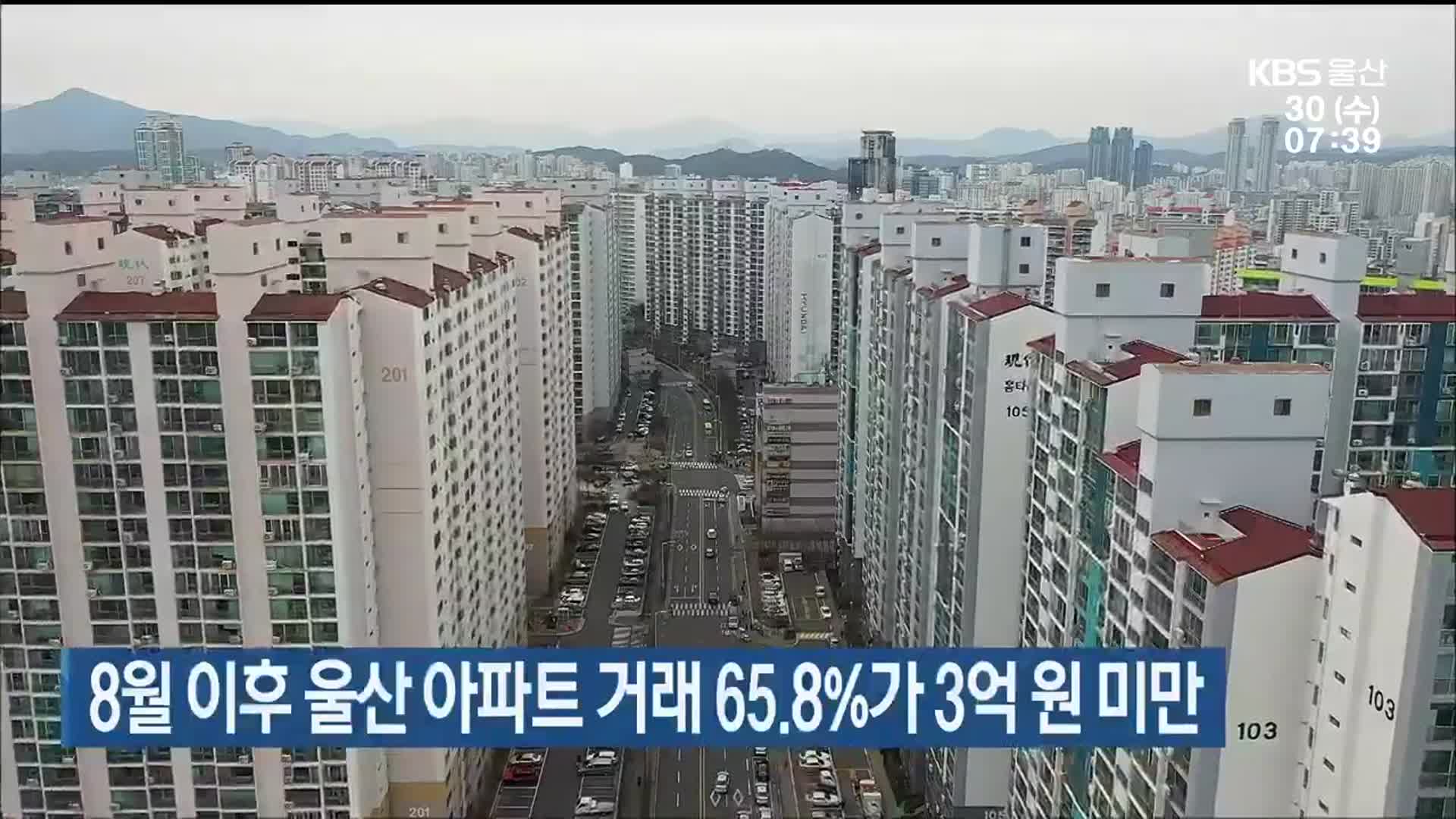 8월 이후 울산 아파트 거래 65.8%가 3억 원 미만