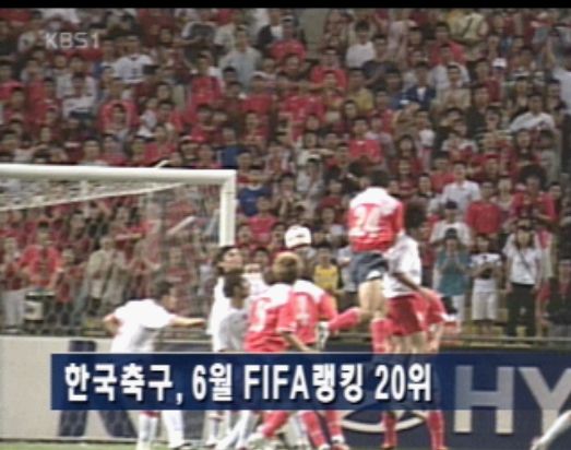 한국축구, 6월 FIFA 랭킹 20위 