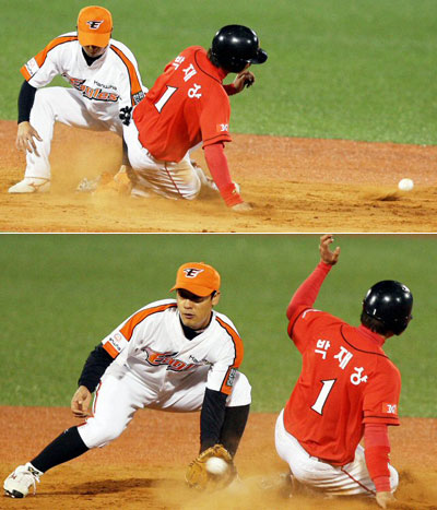 대전 한밭야구장에서 열린 한화 이글스-SK 와이번스 경기, SK 박재상이 7회초(사진 위)와 9회초에 도루를 시도하고 있다. 