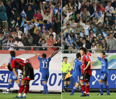 2일 수원월드컵경기장에서 열린 삼성하우젠 K-리그 7라운드 수원삼성과 FC서울의 경기에서 두번째 골을 넣은 김대의가 빨간색 스파이더맨 장갑을 끼고 세리머니를 하고 있다. 