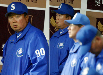 4일 오후 부산 사직야구장에서 열린 프로야구 롯데-삼성 경기에서 삼성 선동렬 감독이 경기를 지켜보다 불만족스런 표정을 짓고 있다. 
 