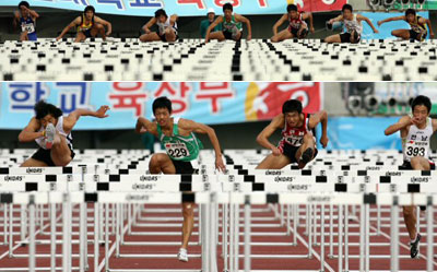 11일 광주 월드컵경기장에서 열린 제88회 전국체육대회 육상 110m 허들 남자고등부 경기에 출전한 선수들이 힘차게 장애물을 넘고 있다. 