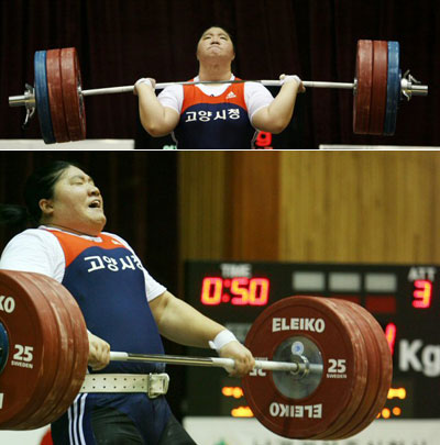 11일 오후 광주 정광고 체육관에서 열린 제88회 전국체육대회 역도 여자 일반부 75kg 이상급에 출전한 장미란이 용상 174kg을 들어 올려 대회 신기록을 세우고 있다. 