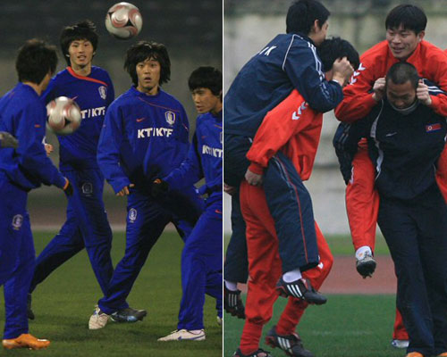 중국 충칭에서 열리고 있는 동아시아 선수권 축구대회 남·북한 맞대결을 하루 앞둔 19일 오후 중국 다티안완 구장에서 박주영 등 한국 축구 대표팀 선수들이 야간 훈련을 실시하고 있다.(사진 왼쪽)

북한 축구 대표팀 훈련에서 안영학(왼쪽)과 정대세 등 선수들이 서로를 업고 뛰는 훈련을 하고 있다. (사진 오른쪽) 