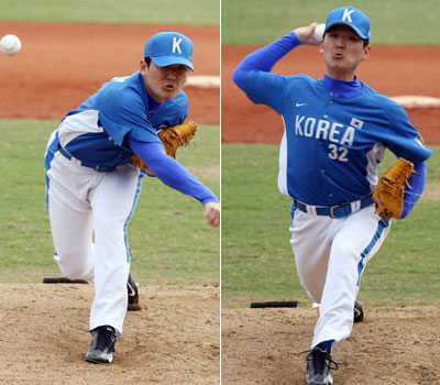 25일 오후 타이완 타이중구장에서 열린 2008 베이징올림픽 야구대표팀과 단국대의 연습경기에서 대표팀 선발로 나선 김선우가 역투하고 있다. 
