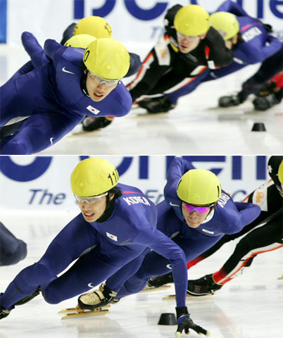 7일 강원 강릉실내빙상장에서 열린 2008세계쇼트트랙선수권대회 첫날 남자 1500ｍ 결승에서 우승을 차지한 송경택이 결승에서 역주하고 있다.(위)  7일 강원 강릉실내빙상장에서 열린 2008세계쇼트트랙선수권대회 첫날 남자 1500ｍ 결승에서 우승을 차지한 송경택이 결승에서 역주하고 있다.(아래) 