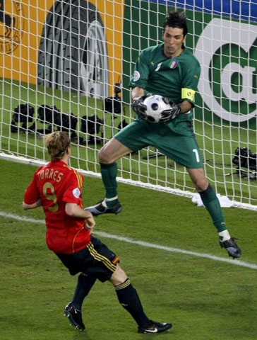 23일(한국시간) 새벽 오스트리아 비엔나의 에른스트 하펠구장에서 열린 유로 2008 8강전 스페인 대 이탈리아와의 경기에서 스페인의 페르난도 토레스(왼쪽)가 슛을 시도하지만 이탈리아의 골키퍼 지안루이지 부폰에게 막히고 있다. 