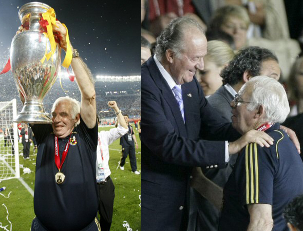 30일(한국시간) 오스트리아 빈 에른스트하펠슈타디온에서 열린 2008 유럽축구선수권대회(유로2008) 우승한 스페인 루이스 아라고네스 감독이 앙리 들로네컵을 들고 기뻐하고 있다.(좌)<br>스페인 국왕 후안 카를로스로부터 축하를 받고 있는 루이스 아라고네스 감독(우) 