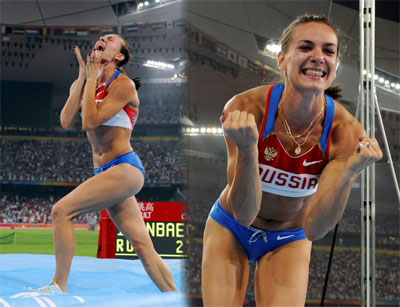 18일 냐오차오(鳥巢), 새 둥지로 불리는 궈자티위창(國家體育場)에서 벌어진 베이징올림픽 여자 장대높이뛰기 결승에서 이신바예바가  5ｍ5의 장대를 넘고 기뻐하고 있다. 