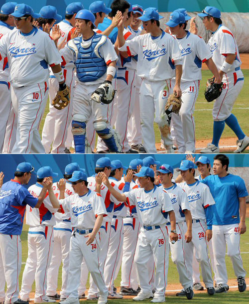 19일 중국 베이징 우커송야구장에서 열린 2008 베이징 올림픽 야구 예선 대한민국-쿠바 경기에서 한국 선수들이 쿠바를 7대4로 꺾고 6연승을 거둔후 하이파이브를 하고 있다. 