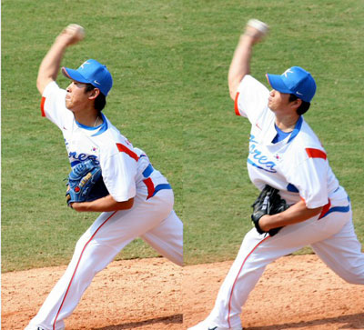 19일 중국 베이징 우커송야구장에서 열린 2008 베이징 올림픽 야구 예선 대한민국-쿠바 경기에서  한국 투수 윤석민(왼쪽)과 오승환이 차례로 나와 호투하고 있다. 