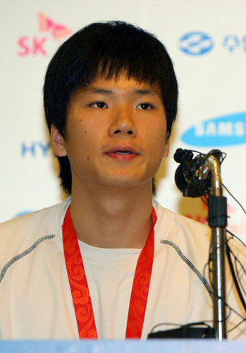베이징 올림픽 태권도 80kg 이상급 금메달 차동민이 24일 베이징 프라임호텔 '코리아하우스'에서 기자회견을 하고 있다. 