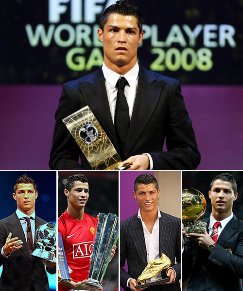 맨유의 포르투칼 출신 ‘특급 윙어’ 크리스티아누 호날두가 13일(한국시간) 스위스 취리히 오페라하우스에서 열린 '국제축구연맹(FIFA) 월드플레이어 갈라'에서 2008년 FIFA 올해의 선수로 선정됐다. 호날두는 2008년 유럽축구연맹(UEFA) 올해의 선수, 국제프로축구선수협회(FIFPro) 올해의 선수, 유러피언 골든부츠, 발롱도르(Ballon d'or) (아래 좌측부터)에 이어 FIFA 올해의 선수마저 독식하며 최고의 선수임을 증명했다. 여자부에서는 브라질 대표팀의 간판 선수인 마르타가 3년 연속 올해의 선수로 뽑혔다. 