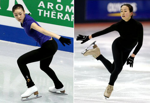 2009 국제빙상경기연맹(ISU) 4대륙 피겨선수권대회에 참가한 김연아와 아사다 마오가 3일 오전 밴쿠버 퍼시픽 콜리세움과 버나비 연습링크에서 각각 몸을 풀고 있다. 
 