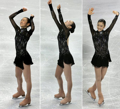 김연아가 5일 오후 밴쿠버 퍼시픽 콜리시움에서 열린 2009 국제빙상경기연맹(ISU) 4대륙 피겨선수권대회 여자 싱글 쇼트프로그램을 마친 뒤 감격스러운 포즈를 취하고 있다. 