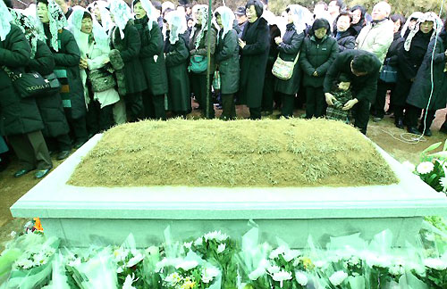  22일 오후 경기도 용인 천주교 성직자 묘역에서 열린 故 김수환 추기경 추모 미사에 참여한 많은 신자들이 김 추기경의 안식을 기도하고 있다. 