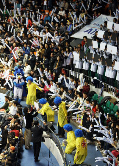 15일 대전 충무체육관에서 열린 2008-2009 프로배구 현대캐피탈과 삼성화재의 경기에서 삼성 응원단이 열띤 응원을 펼치고 있다. 