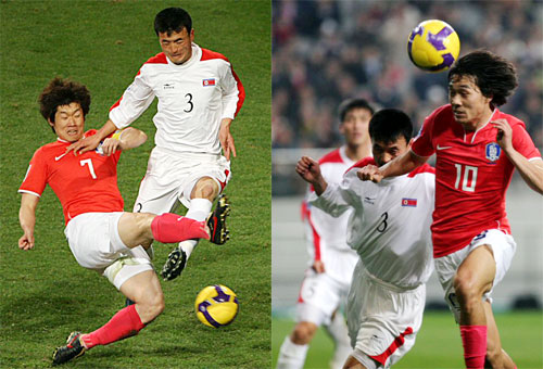 1일 서울월드컵경기장에서 열린 2010년 남아프리카공화국월드컵 아시아지역 최종예선에서 박지성-박주영이 북한 문전에서 슛을 시도하고 있다. 