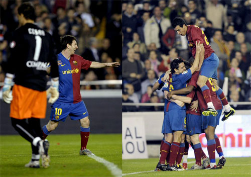26일 스페인 발렌시아 메스테야에서 열린 발렌시아 대 바르셀로나의 경기에서 바르셀로나 메시가 전반 23분 선제골을 넣고 팀 동료들의 축하를 받으며 환호하고 있다. 