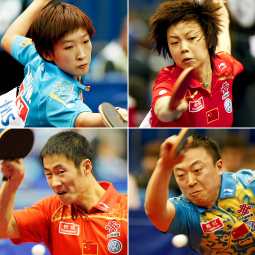 30일(한국시간) 일본 요코하마에서 열린 2009 세계탁구선수권대회 남녀 단식에 출전한 중국 대표 리우 시웬, 장 이닝, 마 린 왕리친이(상단 왼쪽부터 시계방향으로) 경기를 펼치고 있다. 