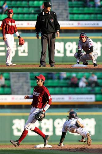  3일 서울 잠실야구장에서 열린 2009 프로야구 LG 트윈스-히어로즈 경기, LG 이대형이 2루 도루에 성공하고 있다. 