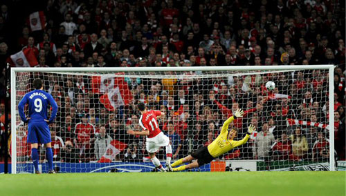 6일(한국시간) 영국 런던 에미레이트 스타디움에서 열린 2008-2009 UEFA 챔피언스리그 준결승 맨체스터 유나이티드와 아스널의 경기에서 아스널의 로빈 판 페르시가 페널티킥으로 만회골을 넣고 있다. 