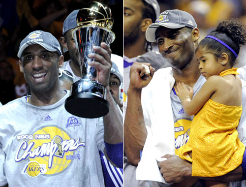 15일(현지시각) 미국 플로리다주 올랜도 암웨이 아레나에서 열린 2009-2009 NBA 챔피언결정전(7전 4선승제) 올랜도 매직과 LA 레이커스의 5차전 경기에서 MVP로 선정 된 레이커스의 코비 브라이언트가 딸을 안고 기뻐하고 있다. 이 날 레이커스는 99대 86으로 매직을 이기고 4승 1패로 시즌 정상에 올랐다. 