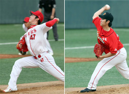 KIA 타이거즈 투수 진민호-SK 와이번스 투수 송은범이 23일 광주 무등경기장 야구장에서 열린 '2009 프로야구' 경기에 선발 등판해 역투하고 있다. 