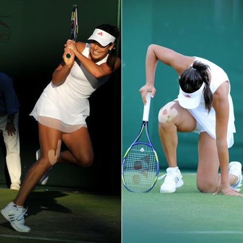 23일(현지시간) 영국 런던 윔블던 올 잉글랜드 론 테니스 클럽에서 열린 윔블던 테니스 대회 여자 단식, 세르비아 아나 이바노비치가 체코 루시 흐라데카와 경기 중 잠시 코트에 무릎을 꿇은 채 숨을 고르고 있다. 