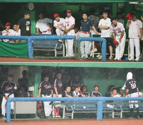 9일 광주 무등 야구장에서 열릴 예정이었던 2009 프로야구 KIA 타이거즈-LG 트윈스 경기 전, 양 팀 선수들이 비가 내리는 그라운드를 바라보고 있다. 