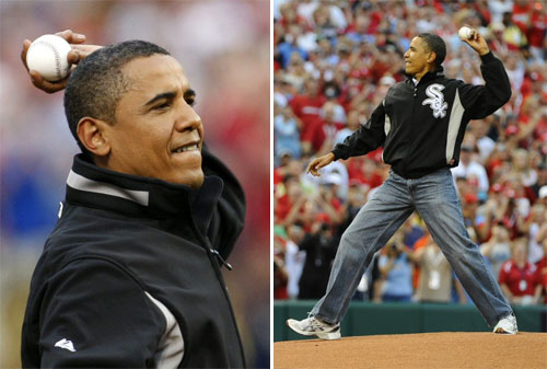 15일(한국시간) 미국 세인트루이스 부시스타디움에서 열린 올스타전에서 버락 오바마 미국 대통령이 시구를 하고 있다. 오바마는 올스타전 4번째 미 대통령 시구자이다. 