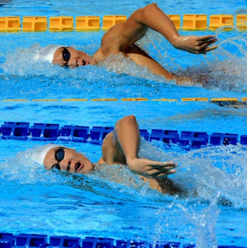 23일(현지시간) 이탈리아 로마 아니에느 스포츠클럽 수영장에서 박태환이 국제수영연맹(FINA) 2009 세계수영선수권에 대비한 훈련을 하고 있다. 