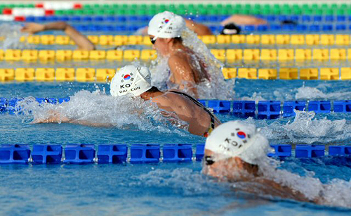 이탈리아 로마에서 열린 2009로마 세계수영선수권대회에 참가한 한국 국가대표 경영팀이 24일 오후(현지시각) 로마 외곽에 위치한 피에트라라타 수영장에서 훈련하고 있다. 