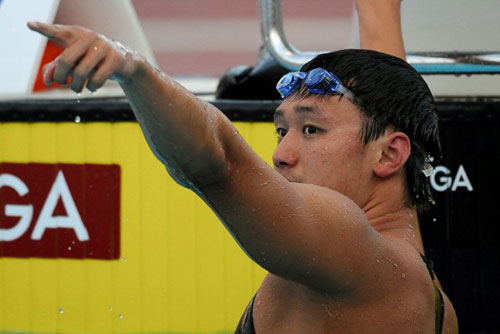 30일(한국시간) 이탈리아 로마의 포로 이탈리코 콤플렉스에서 열린 2009 로마 세계수영선수권대회 남자 자유형 800ｍ 결승에서 세계신 우승을 차지한 장린이 기뻐하고 있다. 