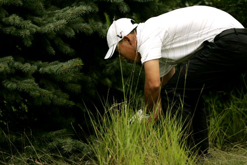 27일(현지시각) 미국 뉴저지주 저지시티의 리버티 내셔널 골프장에서 열린 미국프로골프(PGA) 투어 플레이오프 첫번째 대회 바클레이스 1라운드에서 앤서니 킴이 러프에 빠진 그의 볼을 찾고 있다. 