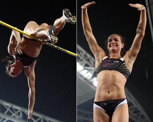 25일 저녁 대구스타디움에서 열린 2009 대구국제육상경기대회 여자 장대높이뛰기에 출전한 이신바예바가 4m85cm에 도전하고 있다. 

<br>이신바예바가 4m60cm의 기록을 금메달을 수상 후 환호하는 팬들에게 인사하고 있다. 