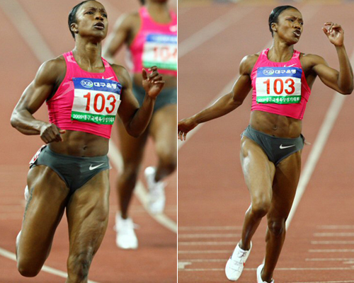25일 대구스타디움에서 열린 2009 대구국제육상경기대회 여자 100m에서 카멜리타 제터(미국)가 1위로 결승선을 통과하고 있다. 