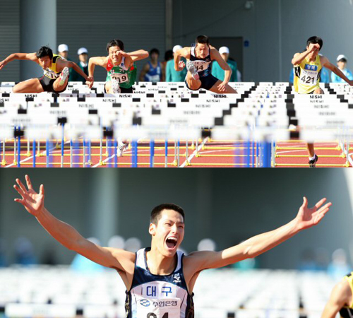 20일 대전 한밭종합운동장에서 열린 제90회 전국체전 육상 남자 고등부 110m허들 결승에서 우승한 대구 김병준이 환호하고 있다. 