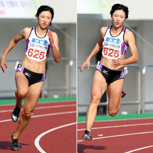여자 육상 200m에서 23초69으 기록으로 23년만에 한국신기록을 수립한 경북 김하나(625)가 21일 대전 한밭종합운동장에서 열린 전국체전 육상 여자일반 200m 결승에서 질주하고 있다. 