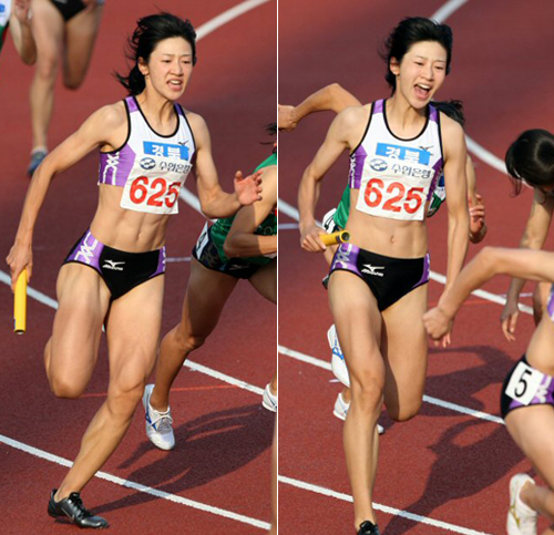 여자400m 계주에서 45초33으로 한국신기록을 작성한 경북팀의 김하나(625)가 22일 대전 한밭종합운동장에서 열린 제90회 전국체전 육상 여자일반 400m 결승에서 마지막 주자에게 바통을 전해주기 위해 질주하고 있다. 