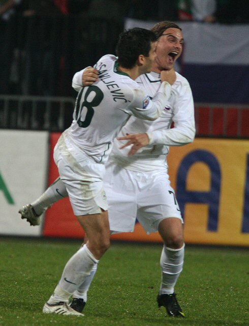  19일(한국시간) 마리보르 류드스키 VRT 열린 2010년 월드컵 유럽 지역 최종예선 플레이오프 2차전에서 월드컵 진출에 성공한 슬로베니아의 넥 페크니크(오른쪽)와 알렉산더 라도살예비치가 기뻐하고 있다. 